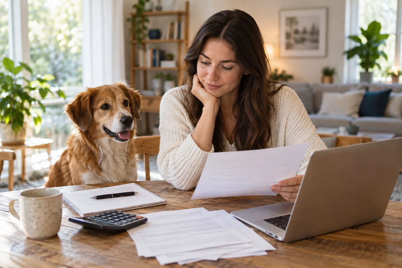 Owner discussing paperwork by phone beside a dog and laptop